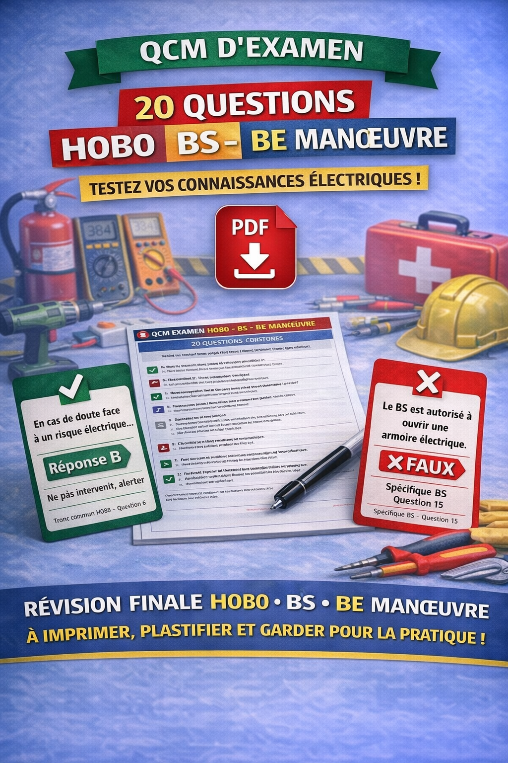 QCM Examen Habilitation Électrique BS BE Manœuvre – Quiz 20 Questions H0B0 + Corrigé