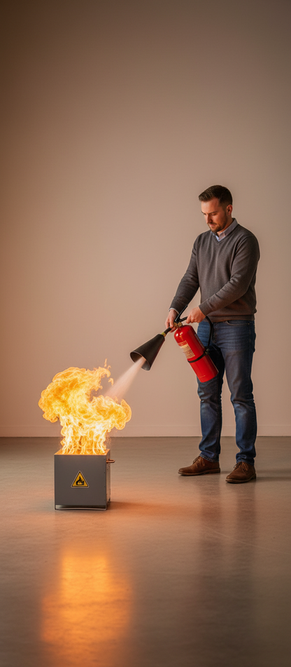 Formateur utilisant un extincteur sur bac à feu pédagogique - formation incendie Nova Incendie