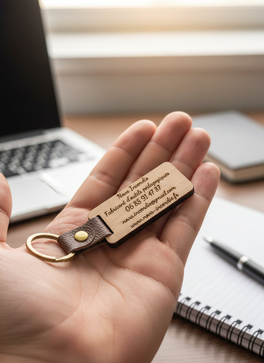 Porte-clé en bois personnalisé gravé au laser – Cadeau & objet publicitaire