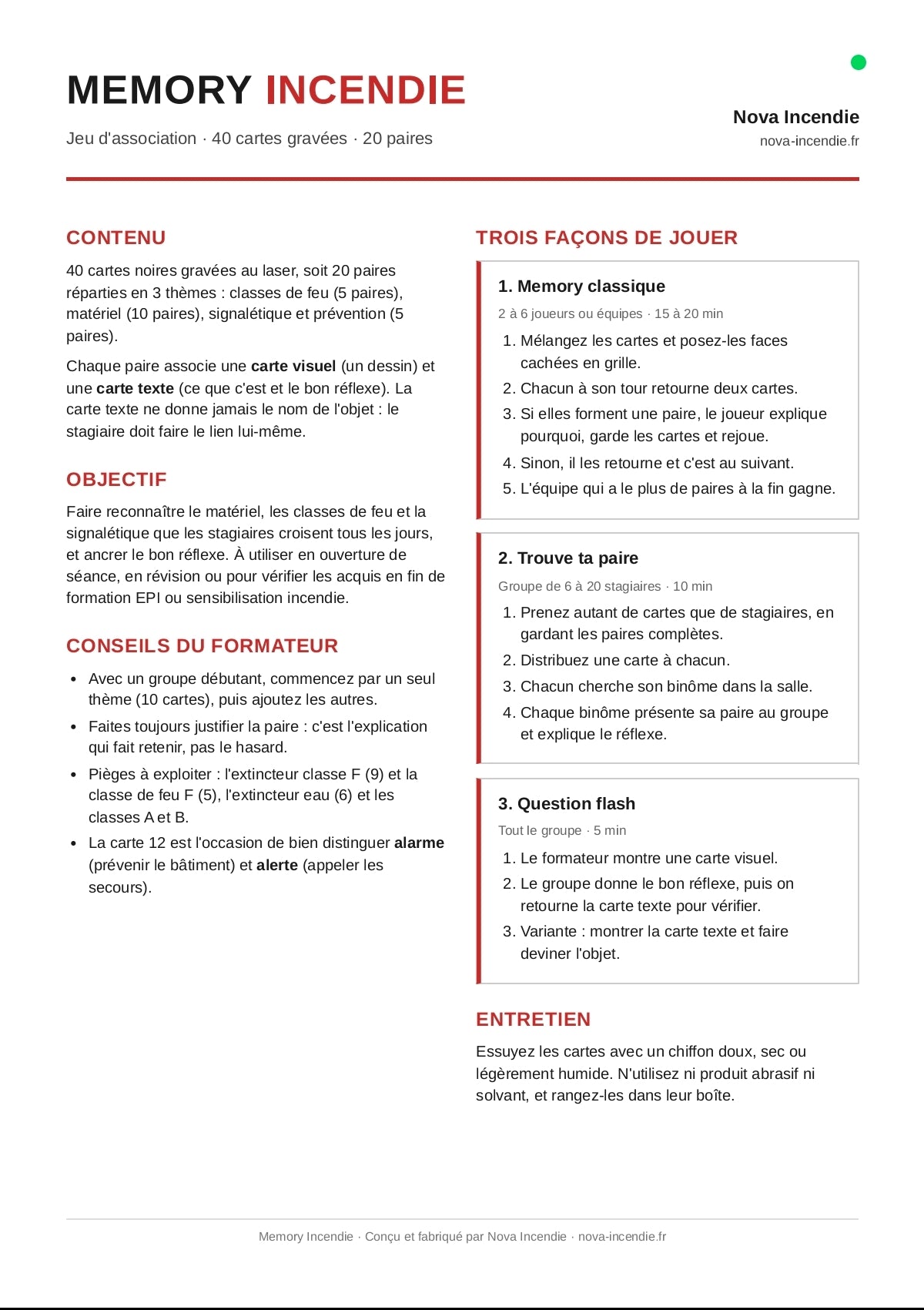 Memory Incendie – Jeu de 20 paires gravées pour formation incendie & évacuation